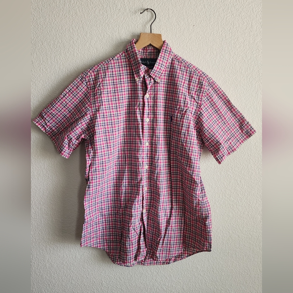Ralph Lauren Custom Fit Men's Large Pink Plaid Short Sleeve Button Down Shirt